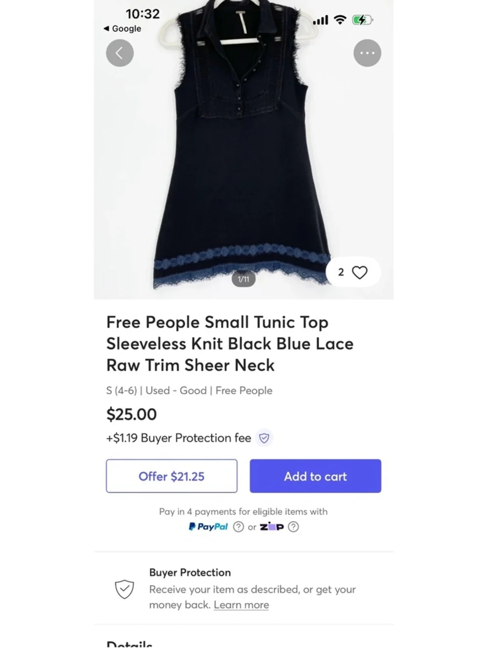 FREE PEOPLE  Black Sleeveless Button-Up Tunic with Lace Trim Xs